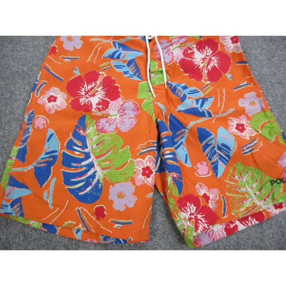 VINTAGE Polo Sport Swim Trunks Mens 32 Orange Floral Outdoors Board Shorts 32x21